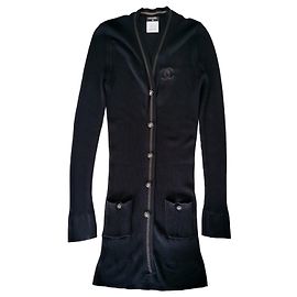 Chanel Cardigan aus Baumwolle und Seide, Schwarz, mit Löwenknöpfen Schwarz