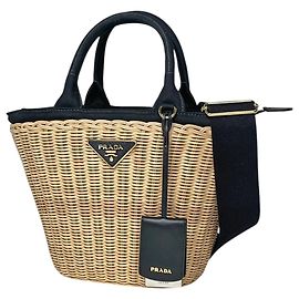 Prada Wicker Basket Handbag Black Beige
