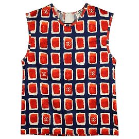 Top sin mangas Chanel Runway con logo CC Roja Azul Multicolor