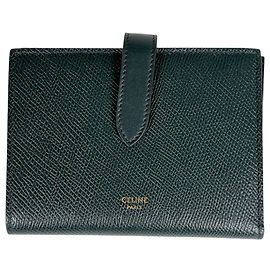 Céline Celine Bi-fold Wallet in Green Leather Green