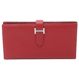 Hermès Hermes Bearn Soufflet Rouge Casaque Bi-fold lange Geldbörse Rot