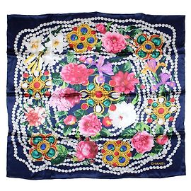 Chanel Lenço de seda Flores e Joias azul marinho Rosa Azul