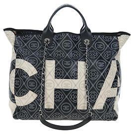 Chanel Logo Camellia Shopping Printed Coated Canvas Medium Nero