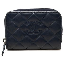 Porta-moedas Zippy Chanel CC em pele de cordeiro acolchoada azul Azul