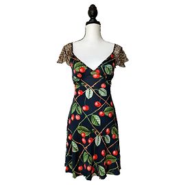 Vestido Mini John Galliano Estampa de Cereja e Leopardo Preto Vermelho Estampa de leopardo