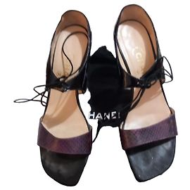 Chanel Patent Leather and Purple Python Stiletto Sandals Black Purple