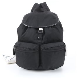 Prada Tessuto Nylon Triangle Logo Leather Backpack Black