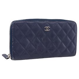 CHANEL Cartera Larga Matelassé de Piel Caviar Navy Silver CC Otro