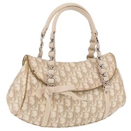 Christian Dior Trotter Canvas Romantic Hand Bag PVC Beige Silver Otro