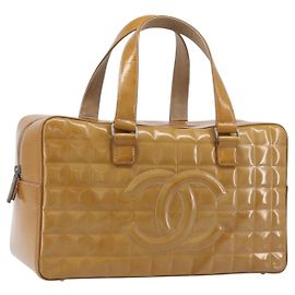 CHANEL Bolso de Mano Choco Bar Charol Amarillo Silver CC Otro