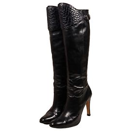Gucci Black Leather and Crocodile Knee-High Boots Black