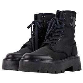 Céline Celine Triomphe Black Leather and Textile Ankle Boots Black