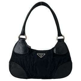 Prada Triangle Logo Hardware Tessuto Pocono Nylon Leather Semi Shoulder Bag Black