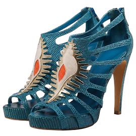 Hermès Fauna Blue Leather and Natural Lizard Cage Heels Blue Multiple colors