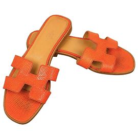 Hermès Oran Lizard Leather Sandals Orange Orange