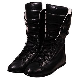 Chanel Black Leather High-Top Boots Black
