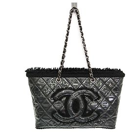 Chanel Patent Toile Chain Shoulder Bag A47155 Black