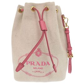 Prada Beige and Pink Canvas Drawstring Handbag Pink Beige