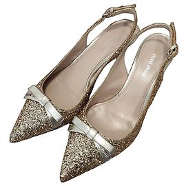 Miu Miu Gold Pyrite Glitter Bow Slingback Kitten Heels Silvery Golden Silver hardware