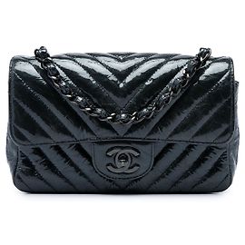 Chanel Black Mini Rectangular Classic Chevron Crumpled Patent So Black Single Flap Schwarz