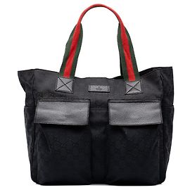 Gucci Black GG Canvas Web Double Pockets Tote Black