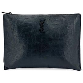 Autre Marque Saint Laurent Classic Monogram Zip Crocodile Embossed Leather Medium Noir