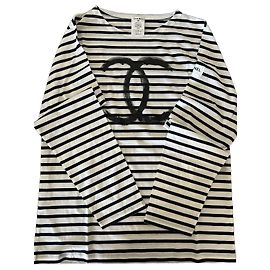 T-shirt Chanel rayé en coton noir et blanc logo CC Noir Blanc