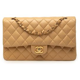 Borsa a tracolla Chanel Medium Classic Double Flap in pelle di agnello beige Beige