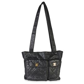 Chanel Vintage Gesteppte Caviar Leder Tote mit Doppeltasche Schwarz
