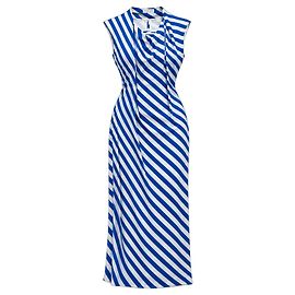 Dries Van Noten Robe Midi à Rayures Bleues et Blanches Printemps 2019 Blanc Bleu