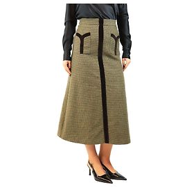 Autre Marque Falda Dogtooth con paneles de terciopelo marrón y verde - size L Verde