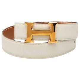 Cinto Reversível Constance H Hermès em Box Calf e Courchevel Branco Branco