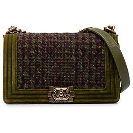 Chanel Boy Flap Old Medium en Tweed et Velours Vert Vert Vert olive