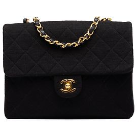Chanel Mini Square Flap em jersey acolchoado e pele de cordeiro preta Preto