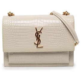 Autre Marque Saint Laurent White Medium Croc Embossed Leather Monogram Sunset Crossbody Branco Cru