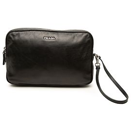 Prada Black Soft Calf Logo Wristlet Clutch Black