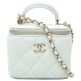 Chanel Blue Mini CC Quilted Lambskin Top Handle Vanity Case With Chain Blu Blu chiaro