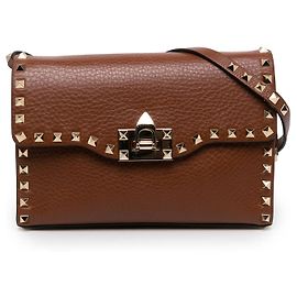 Valentino Bolsa Tiracolo Rockstud com Fecho Flip em Pele de Bezerro Grão Marrom Medium Marrom