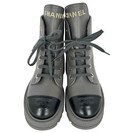 Chanel CC Lace-Up Combat Boots in Grey Leather Grey