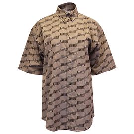 Balenciaga BB Monogram Logo Print Kurzarmhemd aus brauner Baumwolle Andere