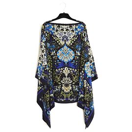 Etro Tunica in Crepe di Seta Stampa Arabesque Nero Blu