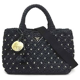 Borsa Prada in rafia nera e off-white Nero Bianco sporco