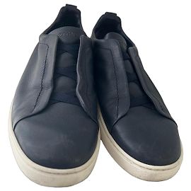 Ermenegildo Zegna Zegna Triple Stitch Second Skin Navy Blue Leather Sneakers Blue