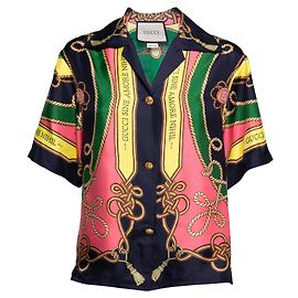 GUCCI - Camicia Gucci in seta blu navy e motivi colorati (T44) Multicolore