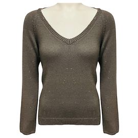 Brunello Cucinelli Pull à manches longues col V en maille de cachemire et soie à sequins Taupe Gris