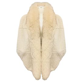 Etro Ivory Rabbit Fur Cape with Fox Fur Collar and Silk Lining Beige