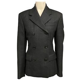Prada Charcoal Grey Double Breasted Wool Plaid Blazer Grey
