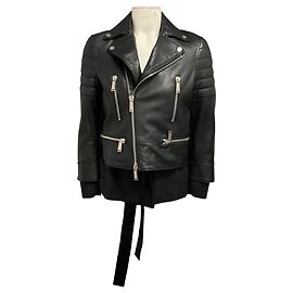 Dsquared2 Black Sheepskin Leather Moto Jacket with Fabric Trim Black