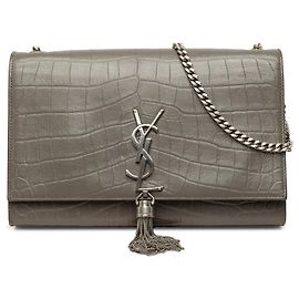 Autre Marque Borsa a tracolla Saint Laurent Kate Tassel Medium in pelle embossed croc grigia con monogramma Grigio