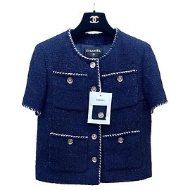 Chanel Tweed Jacke Marineblau Weiß Gold Größe 36 Andere